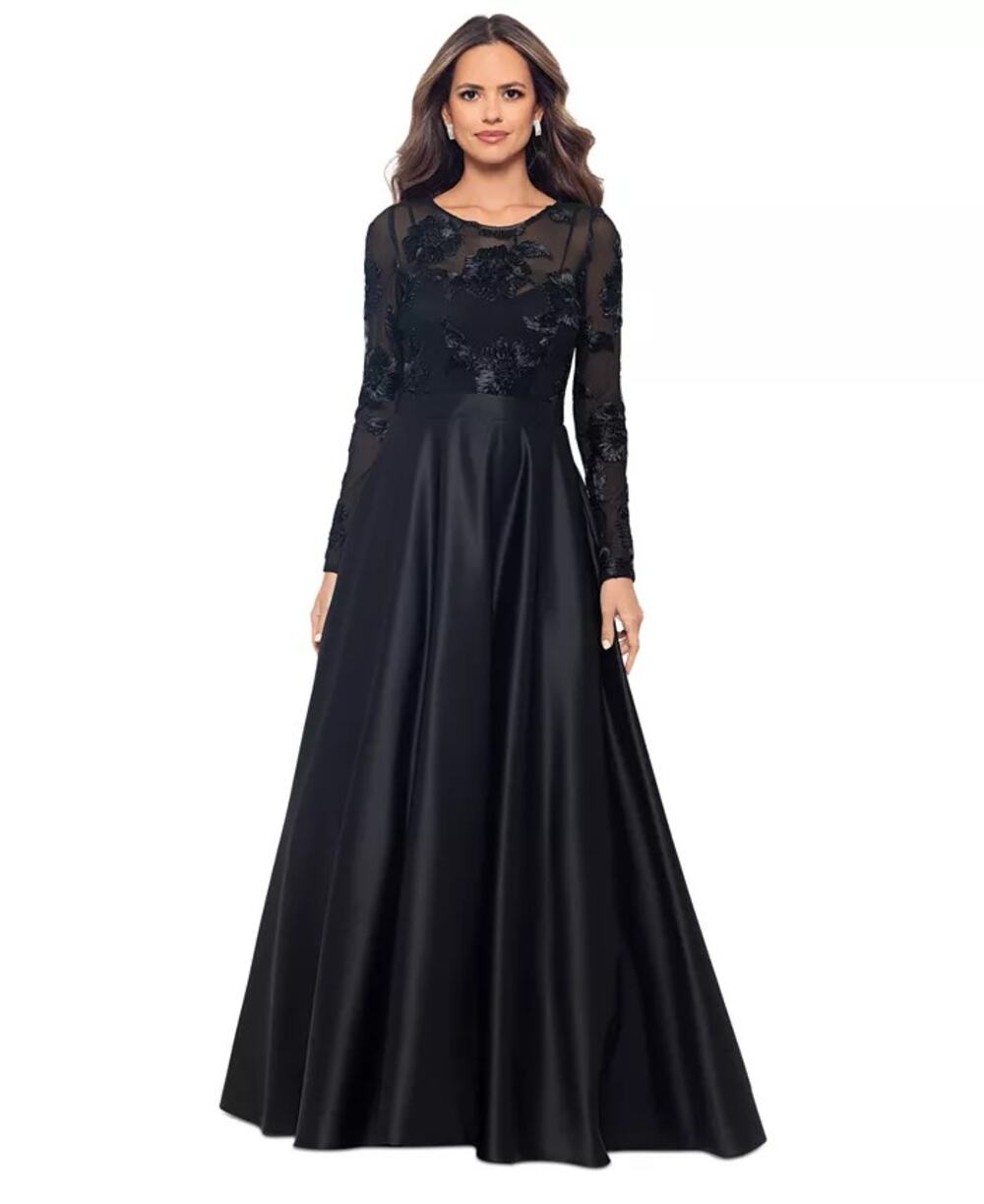 Betsy & Adam Petite Long-Sleeve Embellished Soutache Gown Black P4